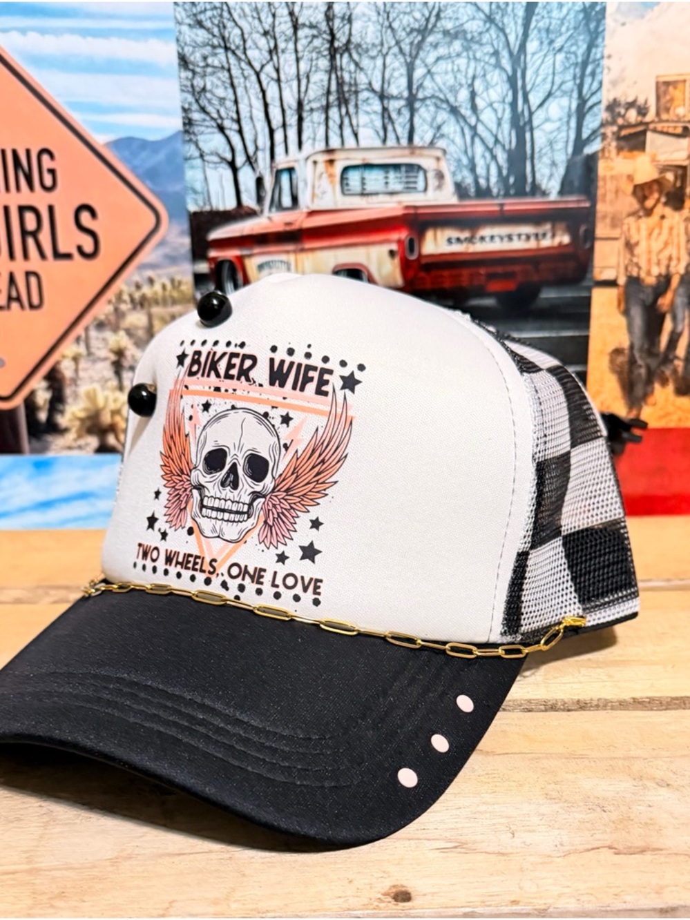 Biker Wife Skull Trucker Hat - White & Black - Picture 2 of 5